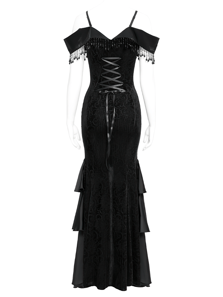 Gothic Black Lace Off-Shoulder Dress with Ruffles and Beads - image 6
