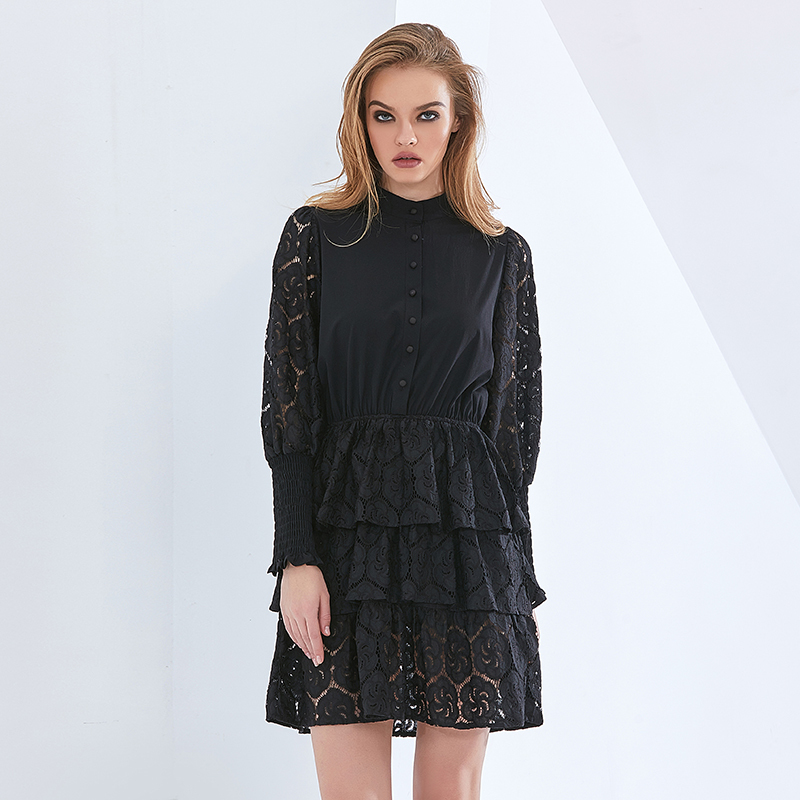 US SALE of Gothic Black Lace Party Dress / Elegant Lantern Sleeve High Waist Dress - image 9