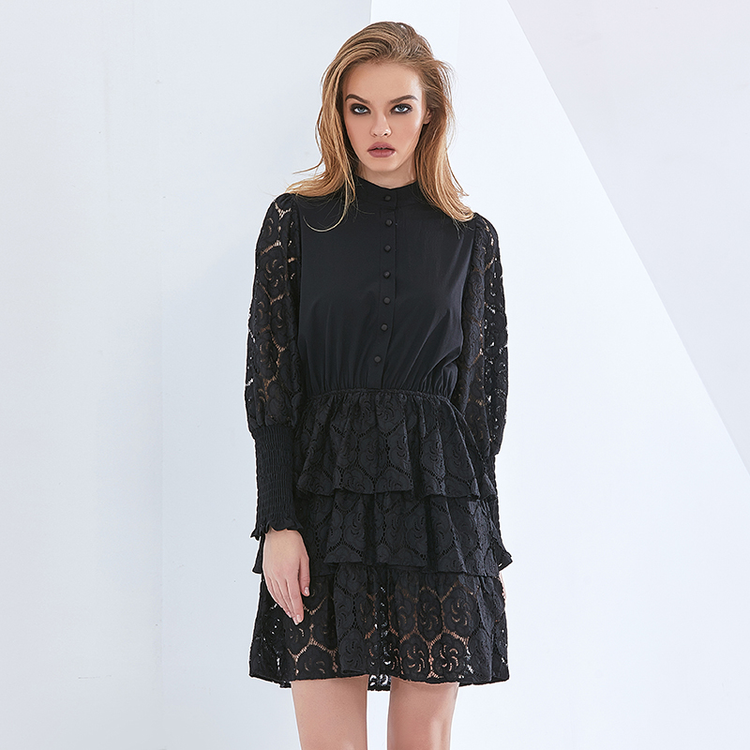 US SALE of Gothic Black Lace Party Dress / Elegant Lantern Sleeve High Waist Dress - image 9