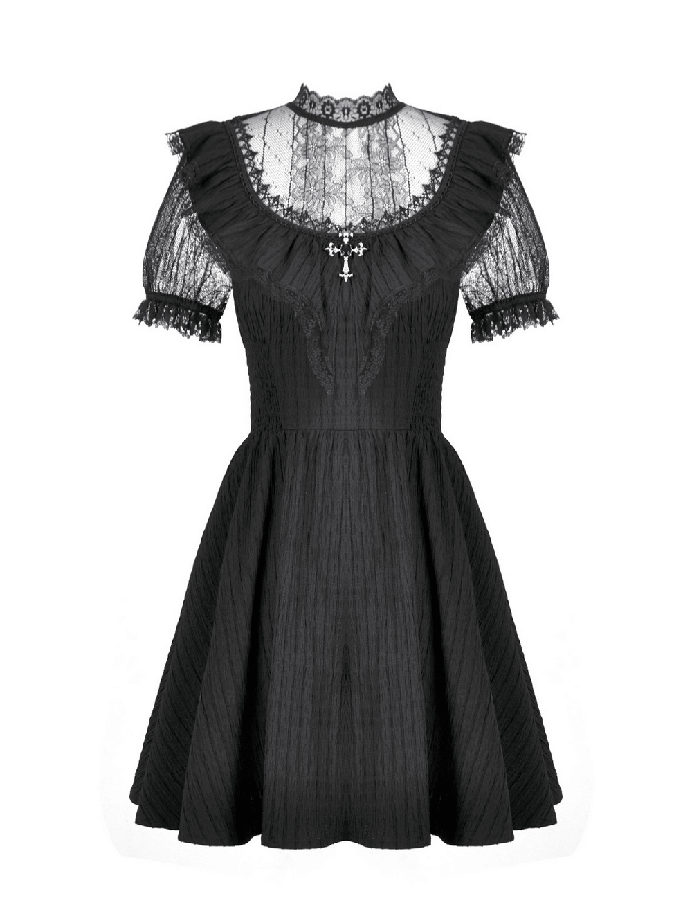 Gothic Black Lace Puff Sleeve Dress with Cross Pendant - image 4