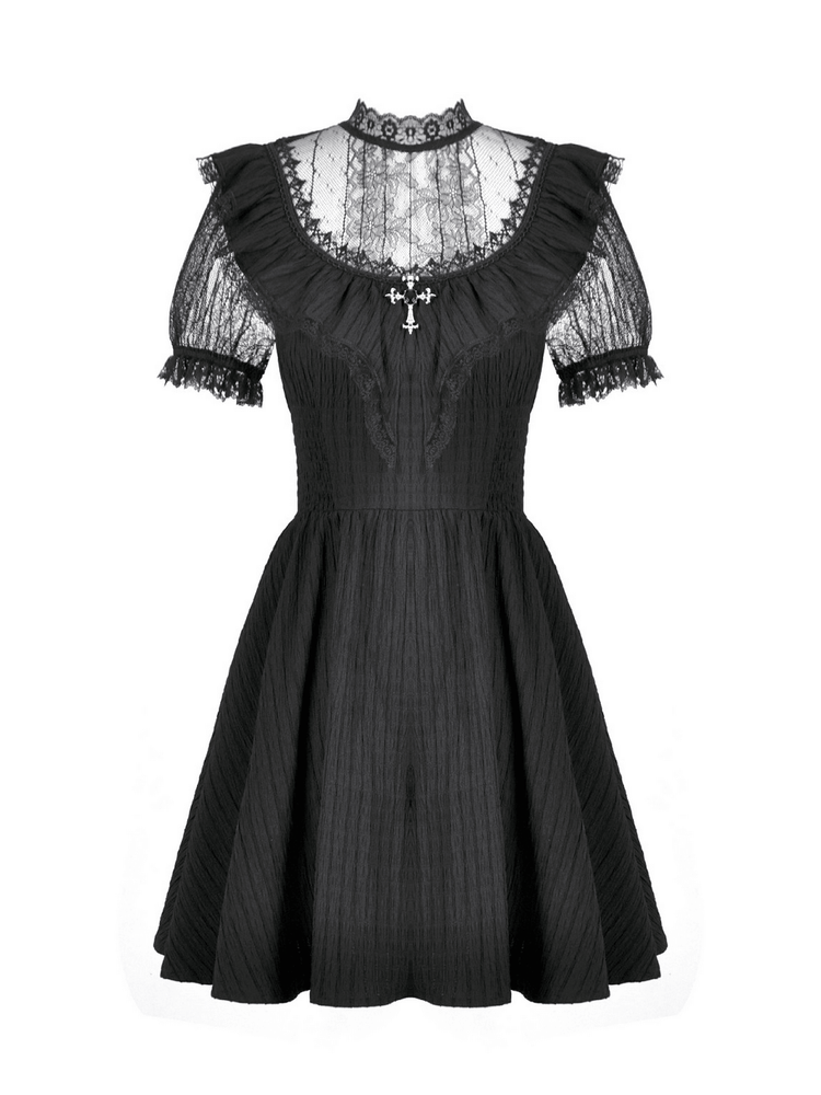 Gothic Black Lace Puff Sleeve Dress with Cross Pendant - image 4