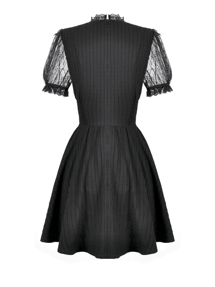 Gothic Black Lace Puff Sleeve Dress with Cross Pendant - image 5