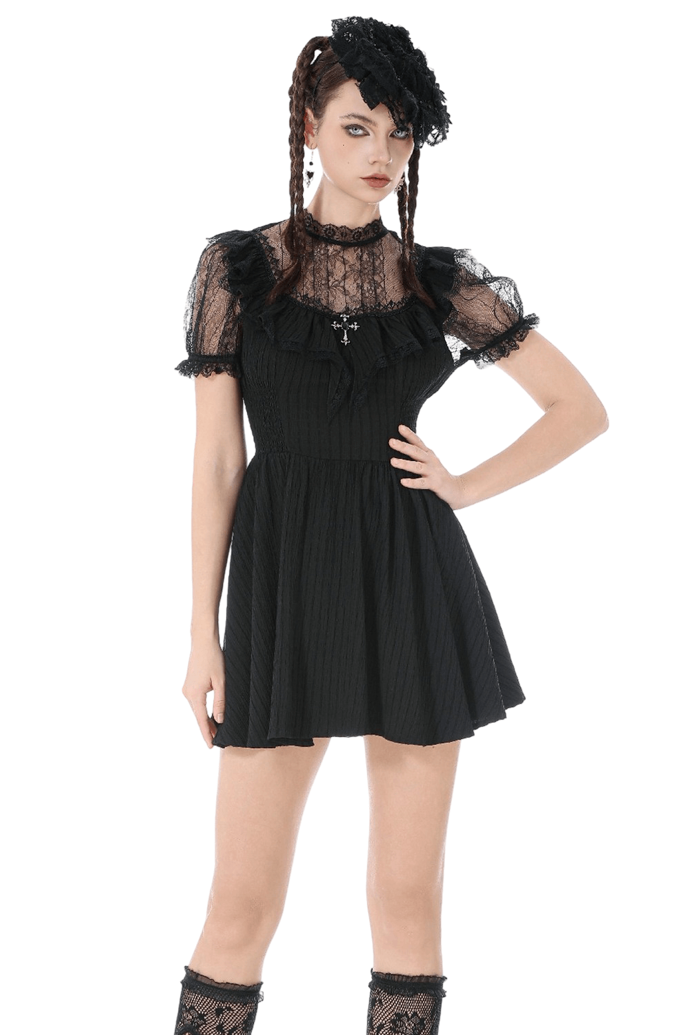 Gothic Black Lace Puff Sleeve Dress with Cross Pendant - image 1