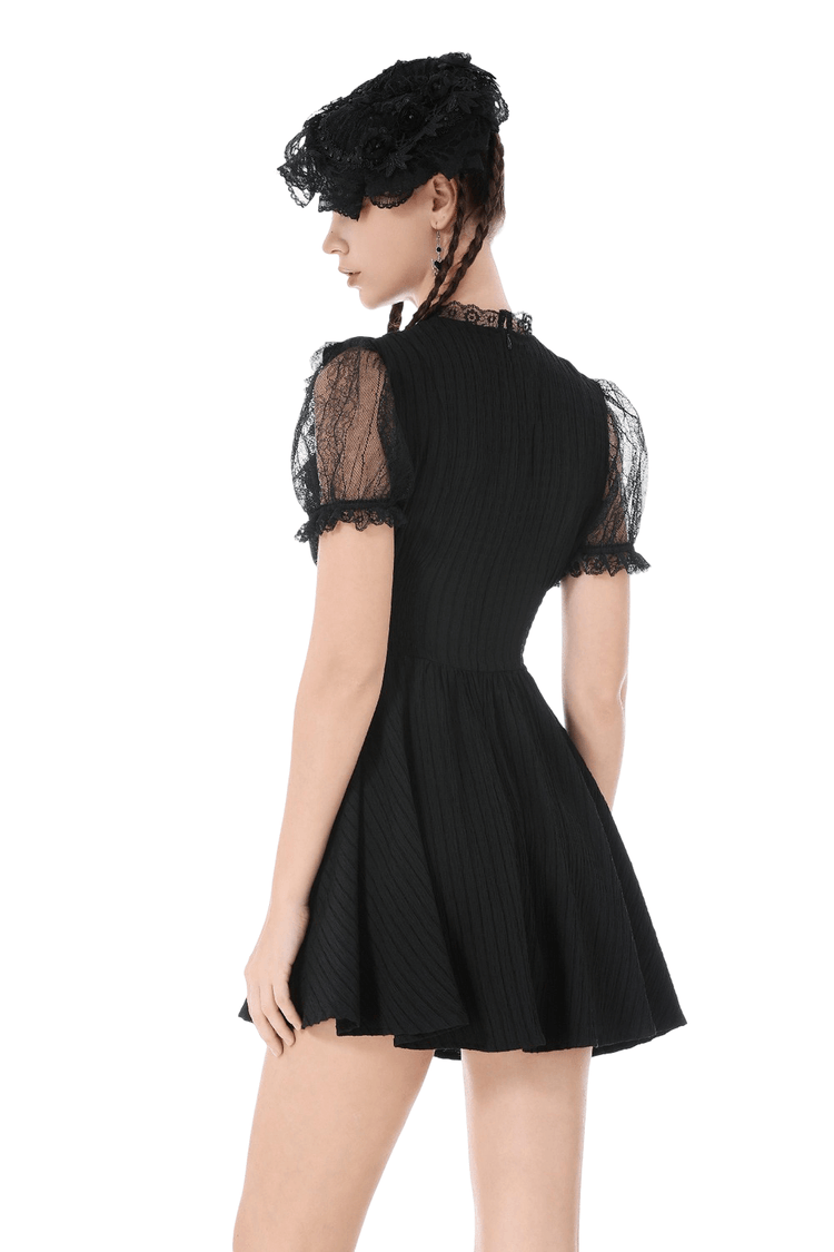 Gothic Black Lace Puff Sleeve Dress with Cross Pendant - image 2