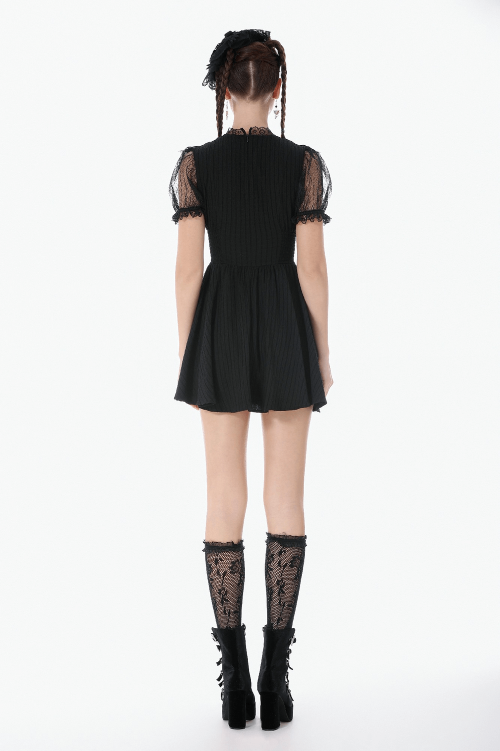 Gothic Black Lace Puff Sleeve Dress with Cross Pendant - image 13