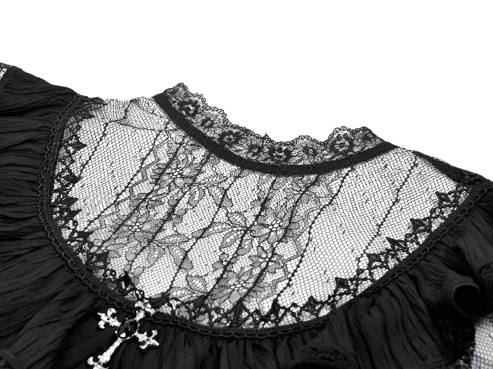 Gothic Black Lace Puff Sleeve Dress with Cross Pendant - image 6