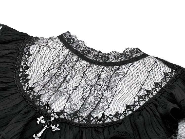 Gothic Black Lace Puff Sleeve Dress with Cross Pendant - image 6
