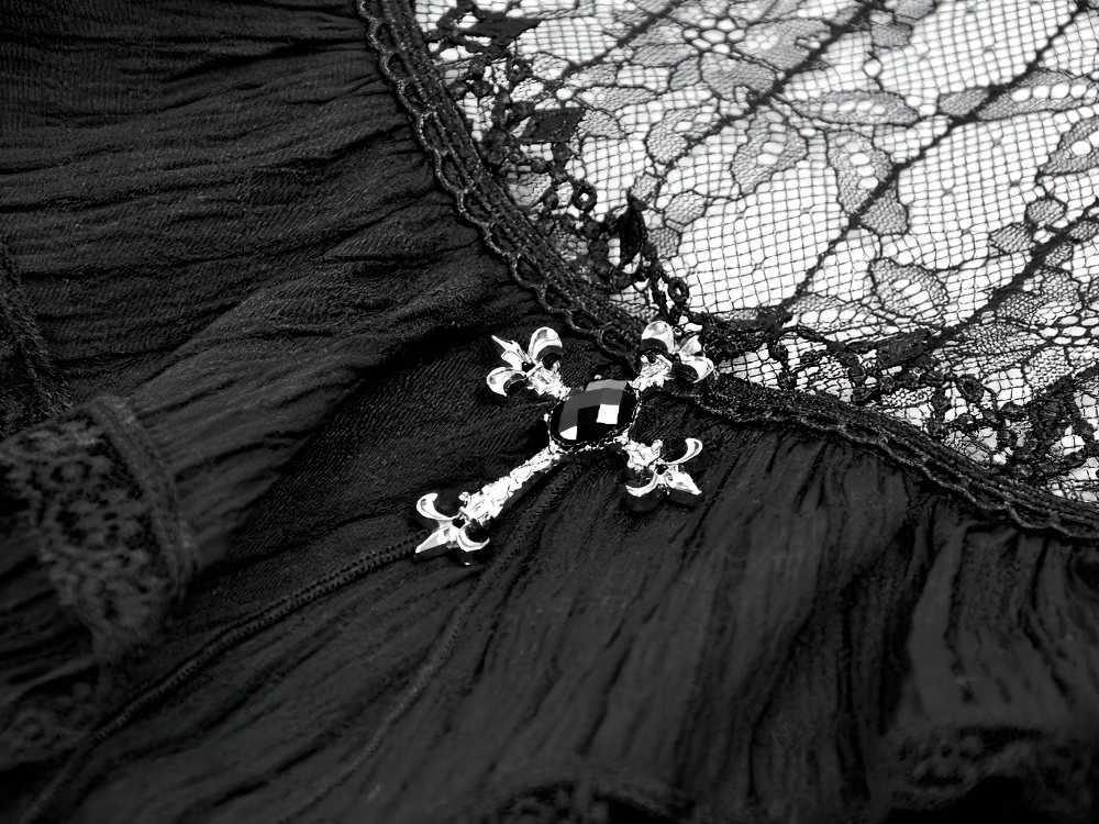 Gothic Black Lace Puff Sleeve Dress with Cross Pendant - image 7