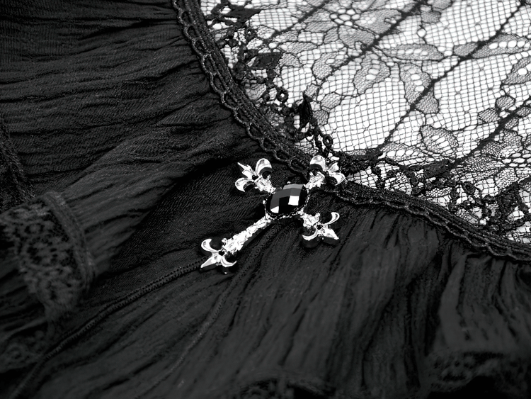 Gothic Black Lace Puff Sleeve Dress with Cross Pendant - image 7
