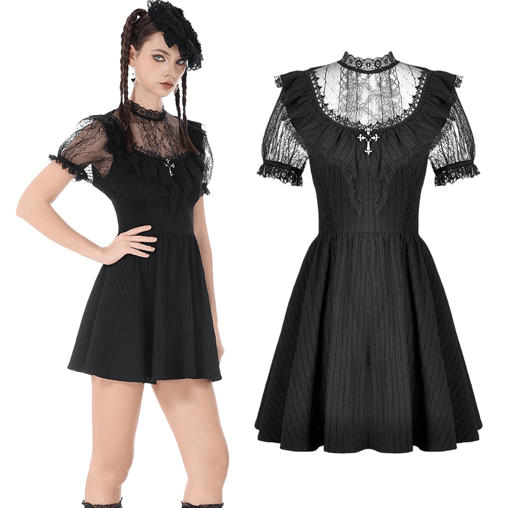 Gothic Black Lace Puff Sleeve Dress with Cross Pendant - image 3