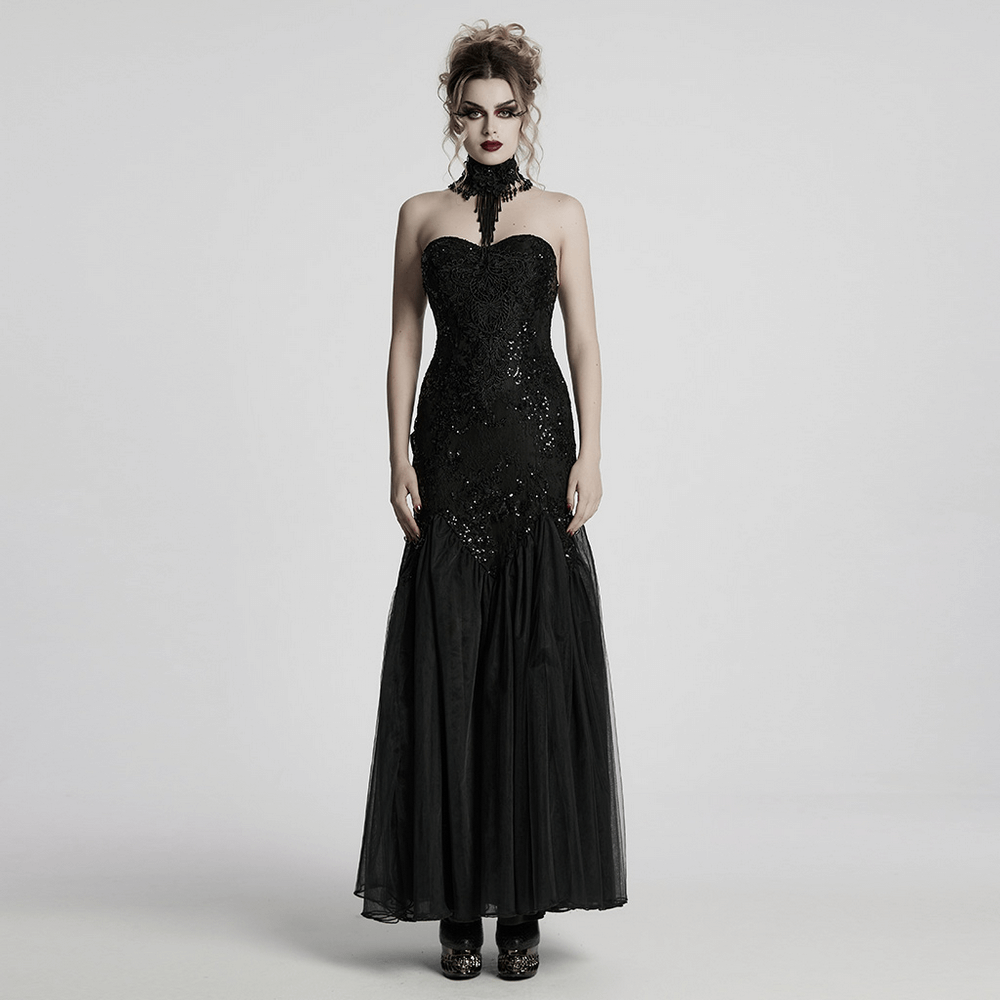 Gothic Black Lace Strapless Maxi Dress with Sequins - image 11