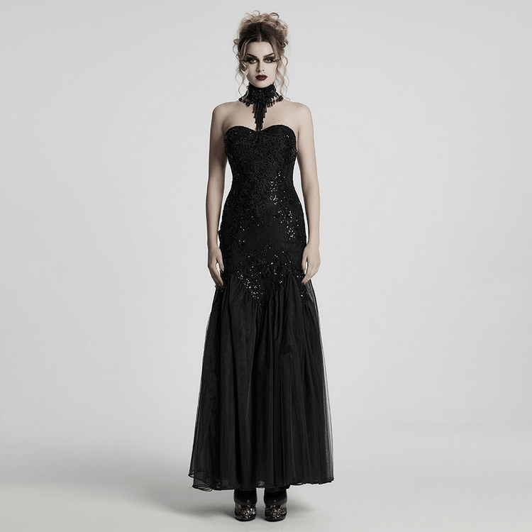 Gothic Black Lace Strapless Maxi Dress with Sequins - image 11
