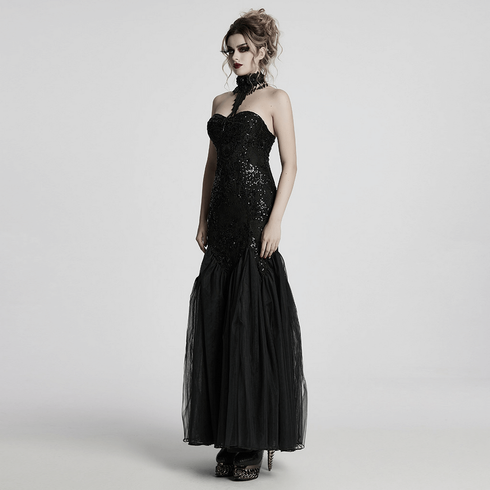 Gothic Black Lace Strapless Maxi Dress with Sequins - image 12