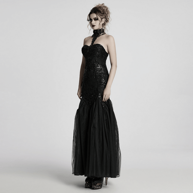 Gothic Black Lace Strapless Maxi Dress with Sequins - image 12