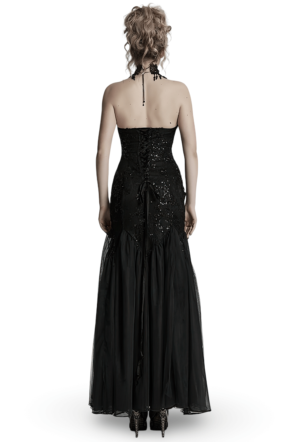Gothic Black Lace Strapless Maxi Dress with Sequins - image 2