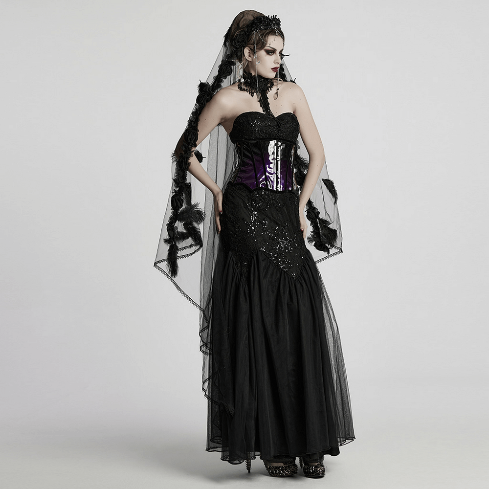 Gothic Black Lace Strapless Maxi Dress with Sequins - image 13
