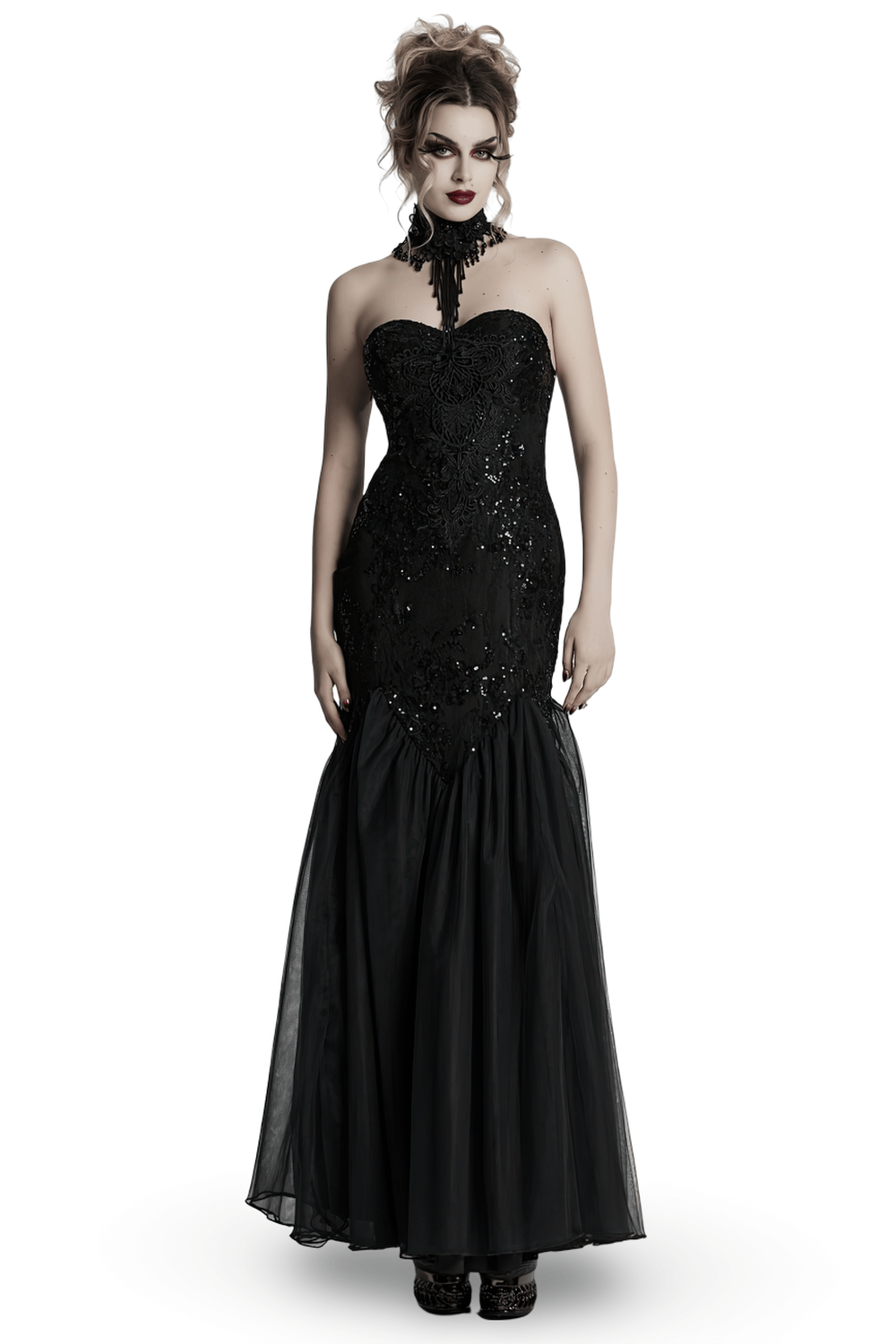 Gothic Black Lace Strapless Maxi Dress with Sequins - image 1