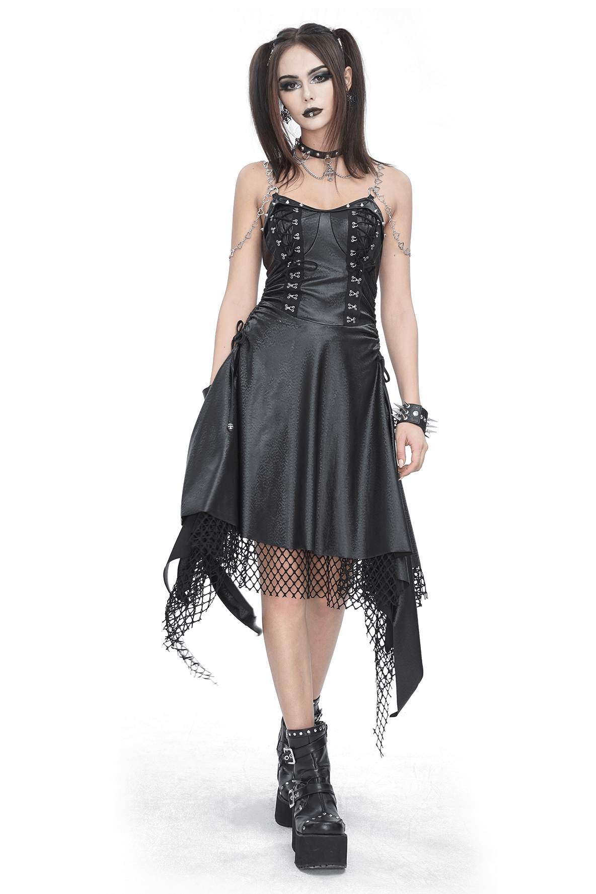 Gothic Black Lace-Up Corset Dress with Fishnet Detail - image 1