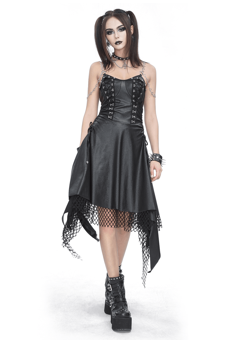 Gothic Black Lace-Up Corset Dress with Fishnet Detail - image 1