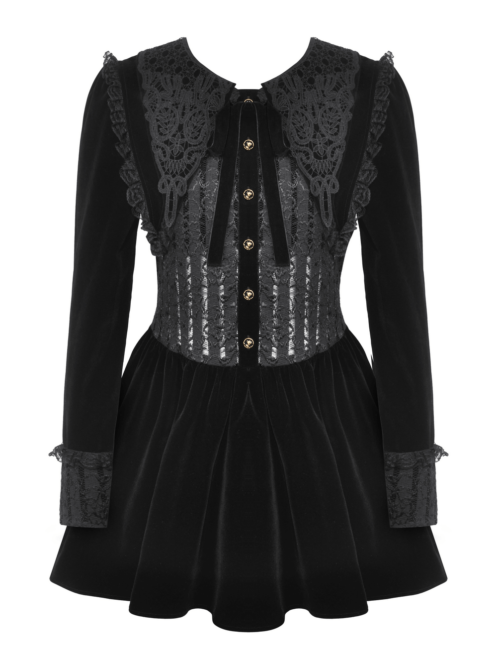 Gothic Black Lace Velvet Dress with Button Details - image 4