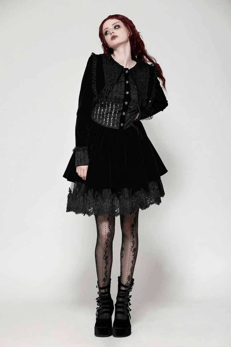 Gothic Black Lace Velvet Dress with Button Details - image 14