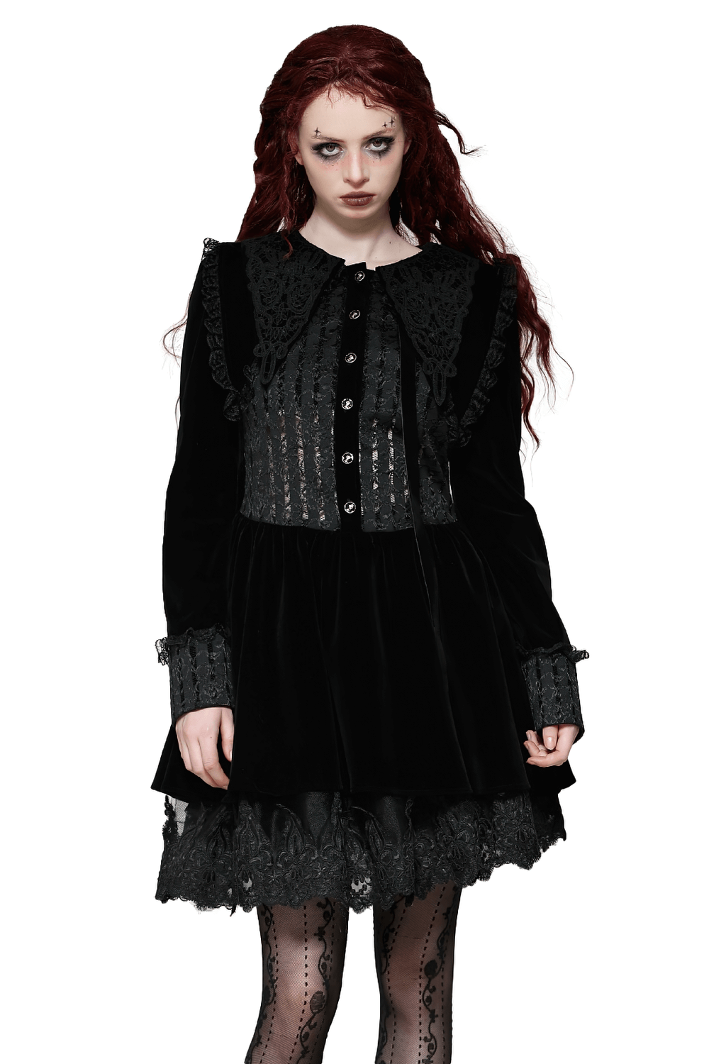 Gothic Black Lace Velvet Dress with Button Details - image 1