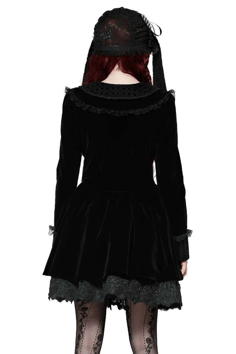 Gothic Black Lace Velvet Dress with Button Details - image 2