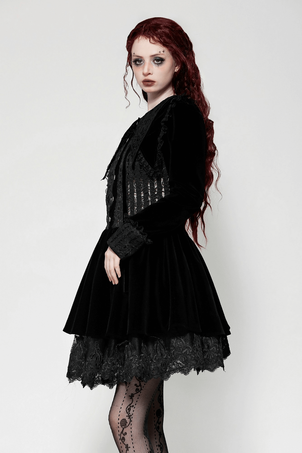 Gothic Black Lace Velvet Dress with Button Details - image 12