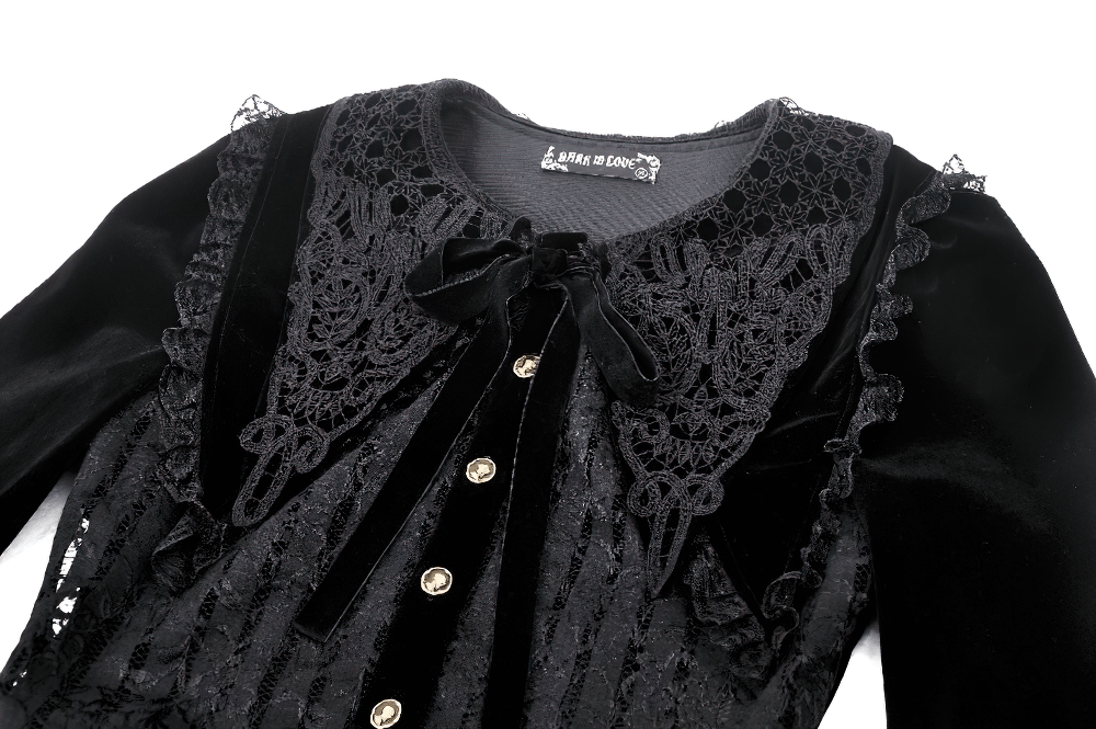 Gothic Black Lace Velvet Dress with Button Details - image 6