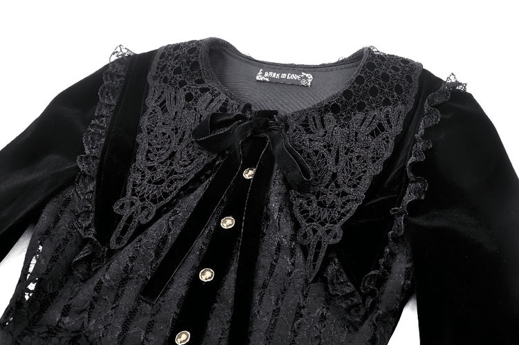 Gothic Black Lace Velvet Dress with Button Details - image 6