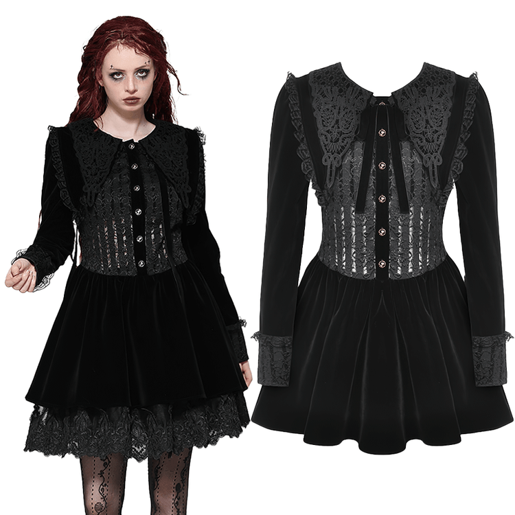 Gothic Black Lace Velvet Dress with Button Details - image 3