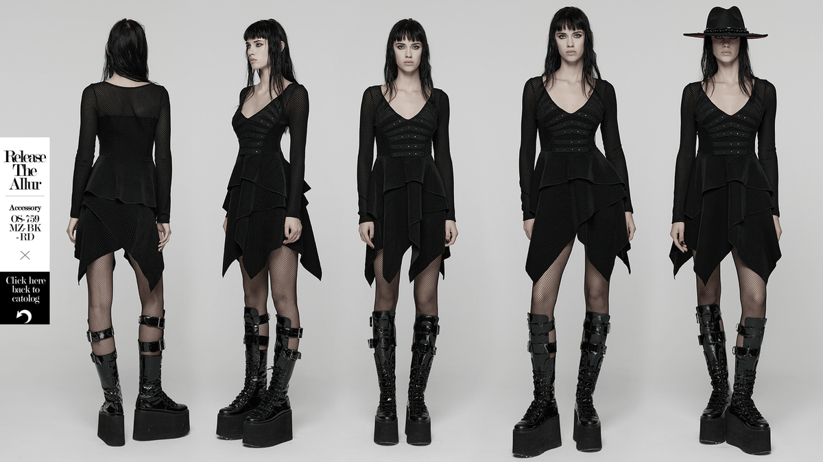 Gothic Black Mesh Dress with Rivet Waist and Layered Hem - image 15
