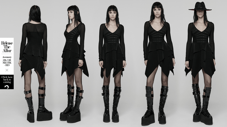 Gothic Black Mesh Dress with Rivet Waist and Layered Hem - image 15