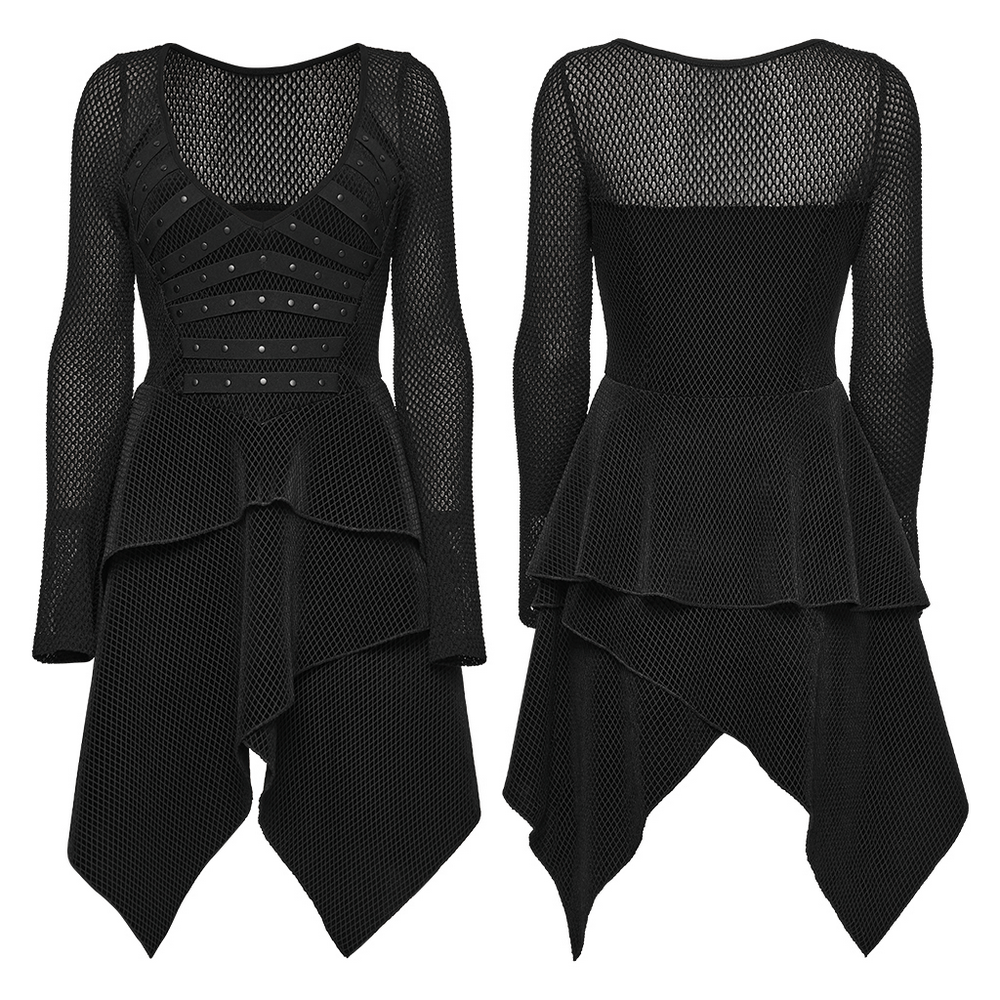 Gothic Black Mesh Dress with Rivet Waist and Layered Hem - image 3