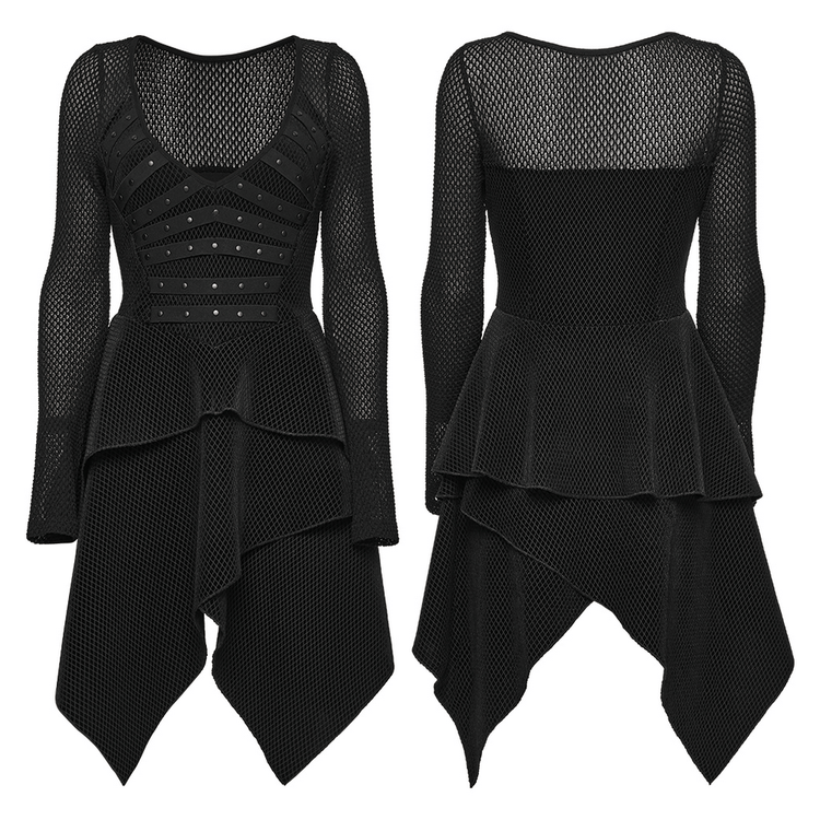 Gothic Black Mesh Dress with Rivet Waist and Layered Hem - image 3