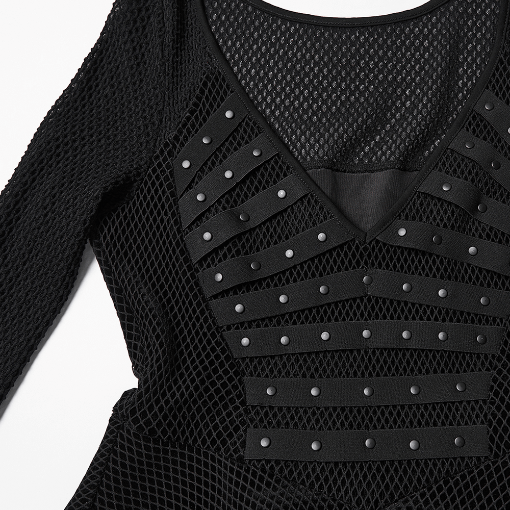 Gothic Black Mesh Dress with Rivet Waist and Layered Hem - image 9