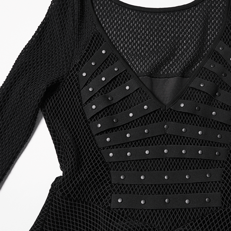 Gothic Black Mesh Dress with Rivet Waist and Layered Hem - image 9