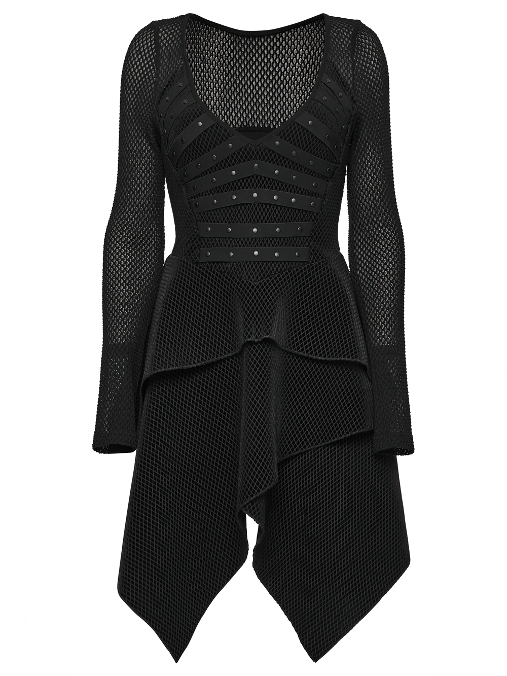 Gothic Black Mesh Dress with Rivet Waist and Layered Hem - image 4