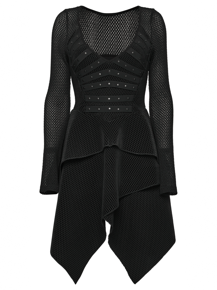 Gothic Black Mesh Dress with Rivet Waist and Layered Hem - image 4
