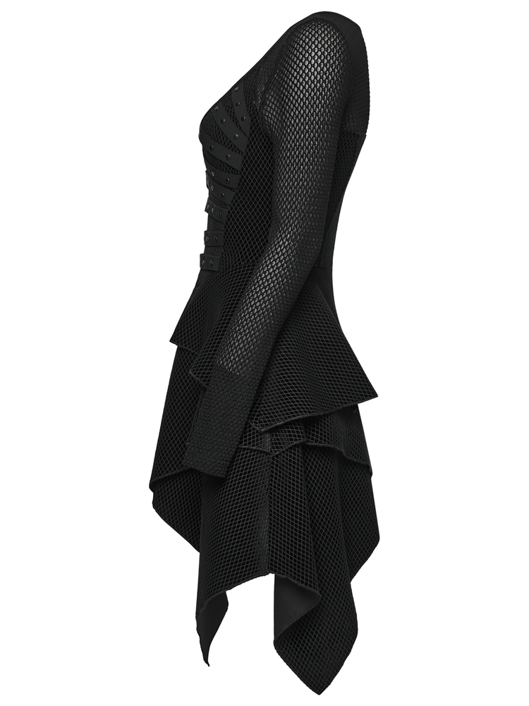 Gothic Black Mesh Dress with Rivet Waist and Layered Hem - image 5