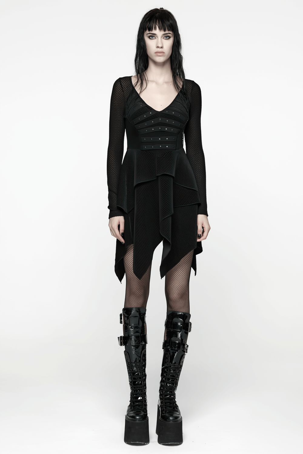 Gothic Black Mesh Dress with Rivet Waist and Layered Hem - image 12