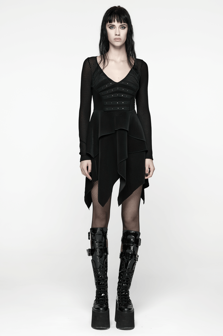 Gothic Black Mesh Dress with Rivet Waist and Layered Hem - image 12