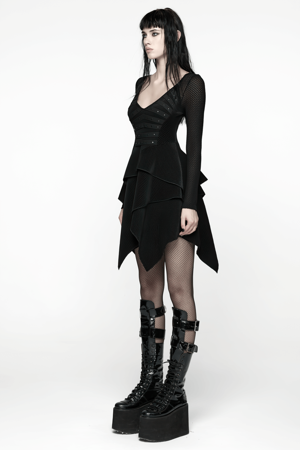 Gothic Black Mesh Dress with Rivet Waist and Layered Hem - image 13