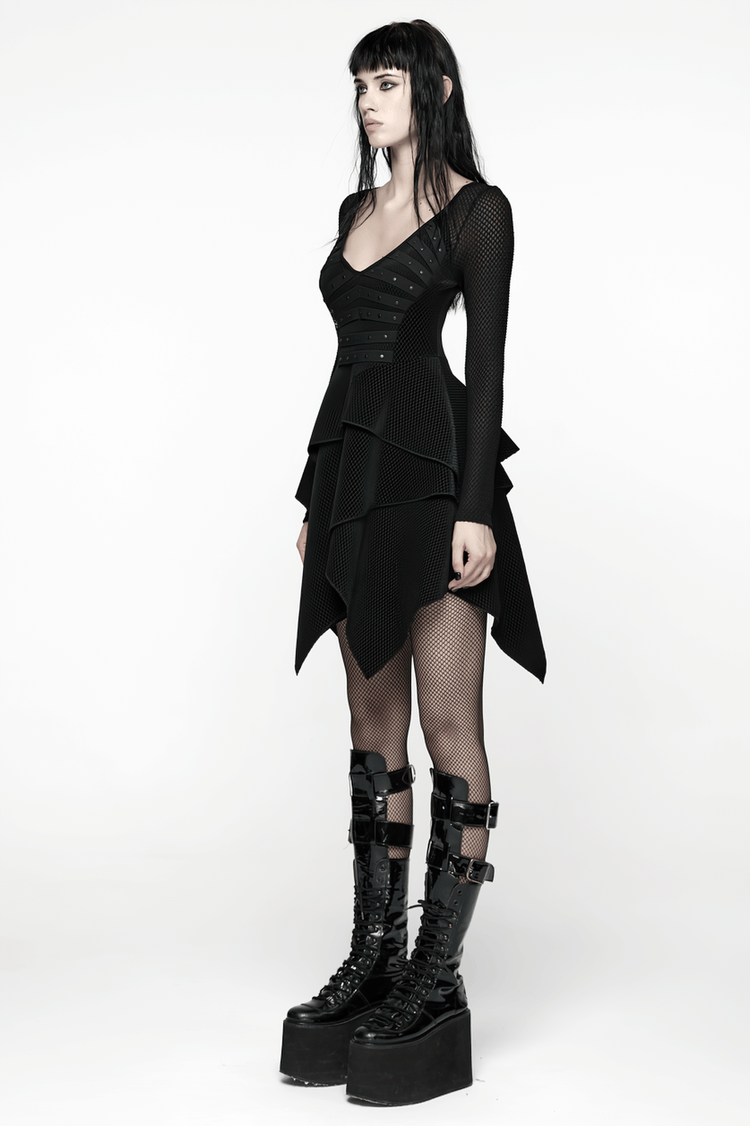 Gothic Black Mesh Dress with Rivet Waist and Layered Hem - image 13