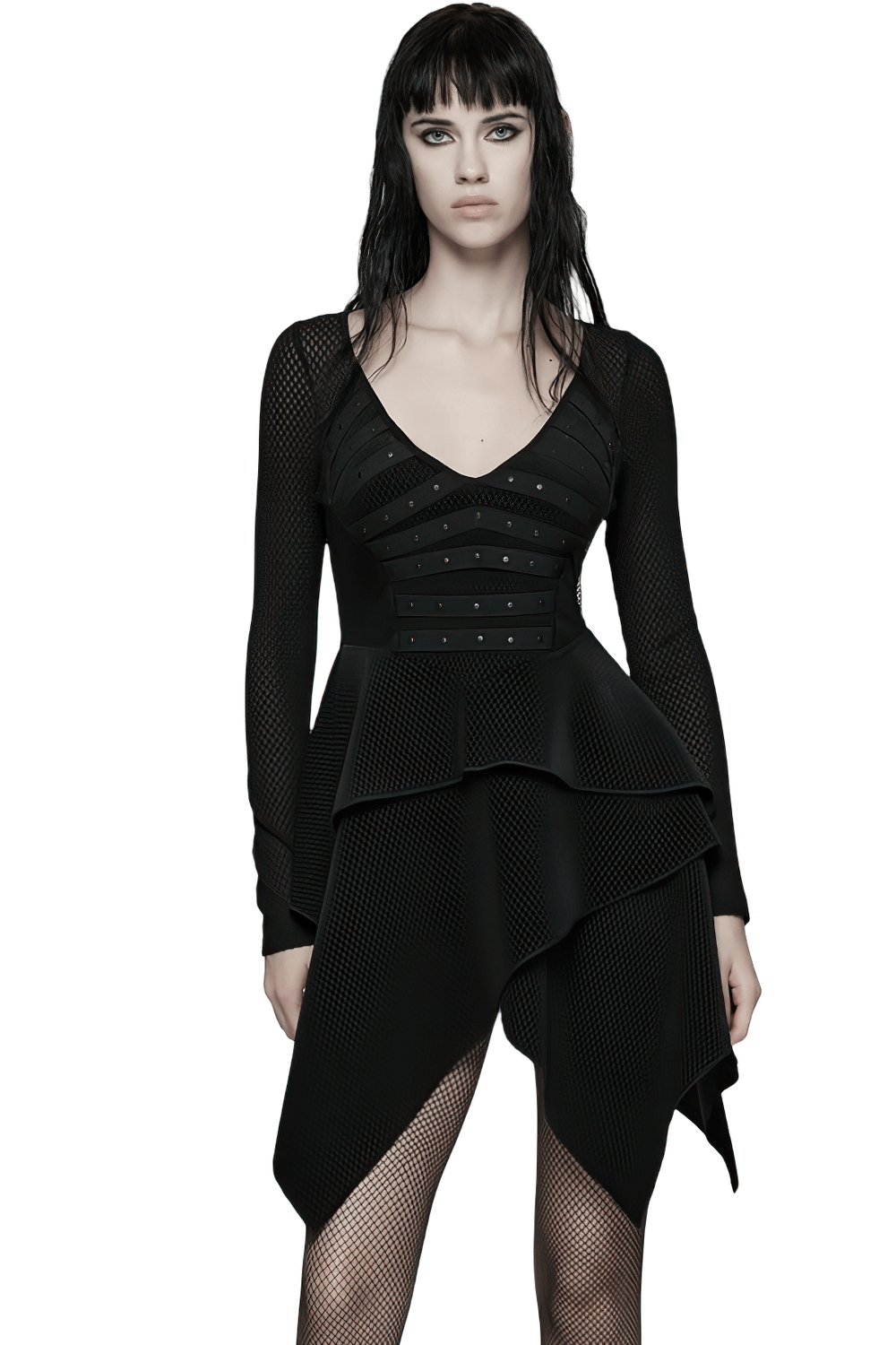 Gothic Black Mesh Dress with Rivet Waist and Layered Hem - image 1