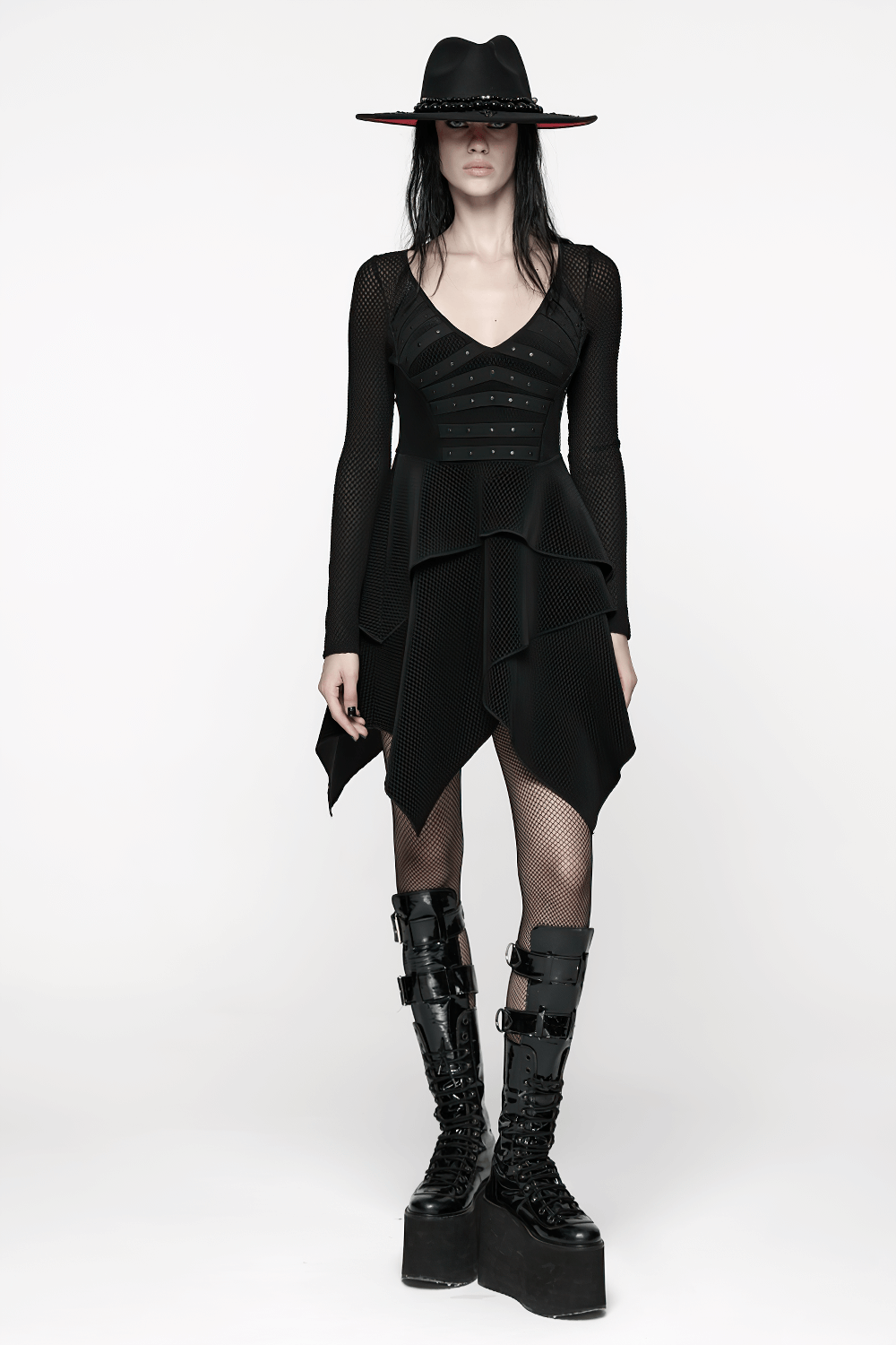 Gothic Black Mesh Dress with Rivet Waist and Layered Hem - image 14