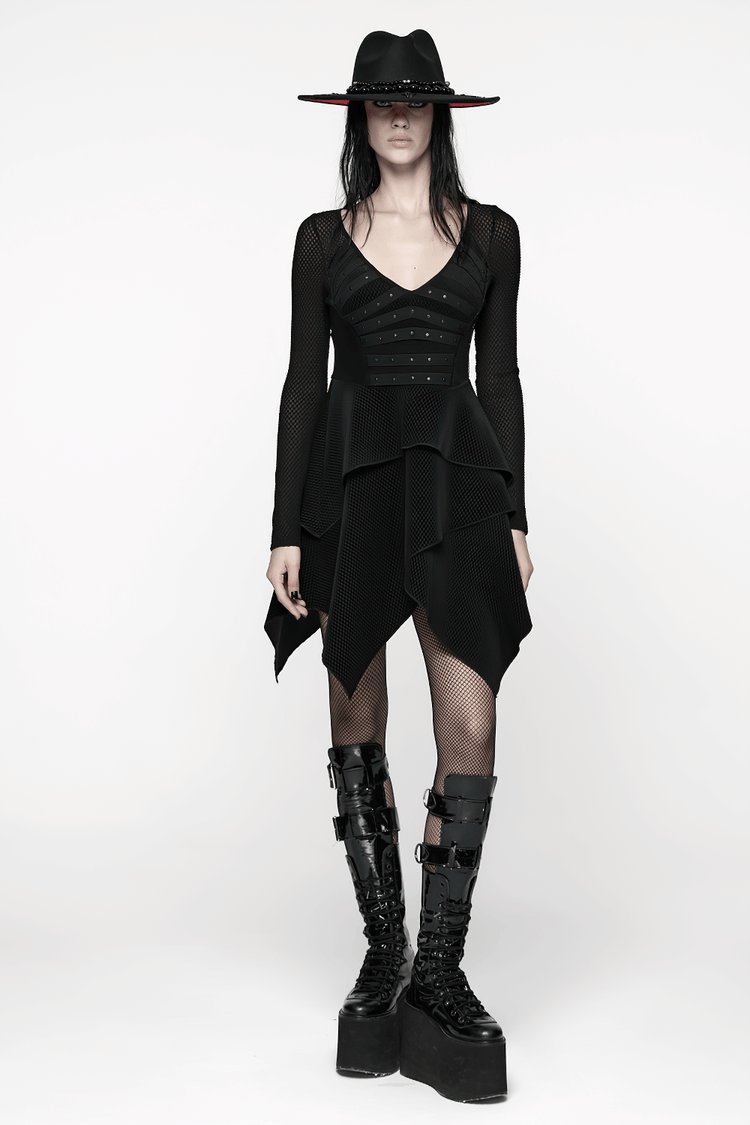 Gothic Black Mesh Dress with Rivet Waist and Layered Hem - image 14