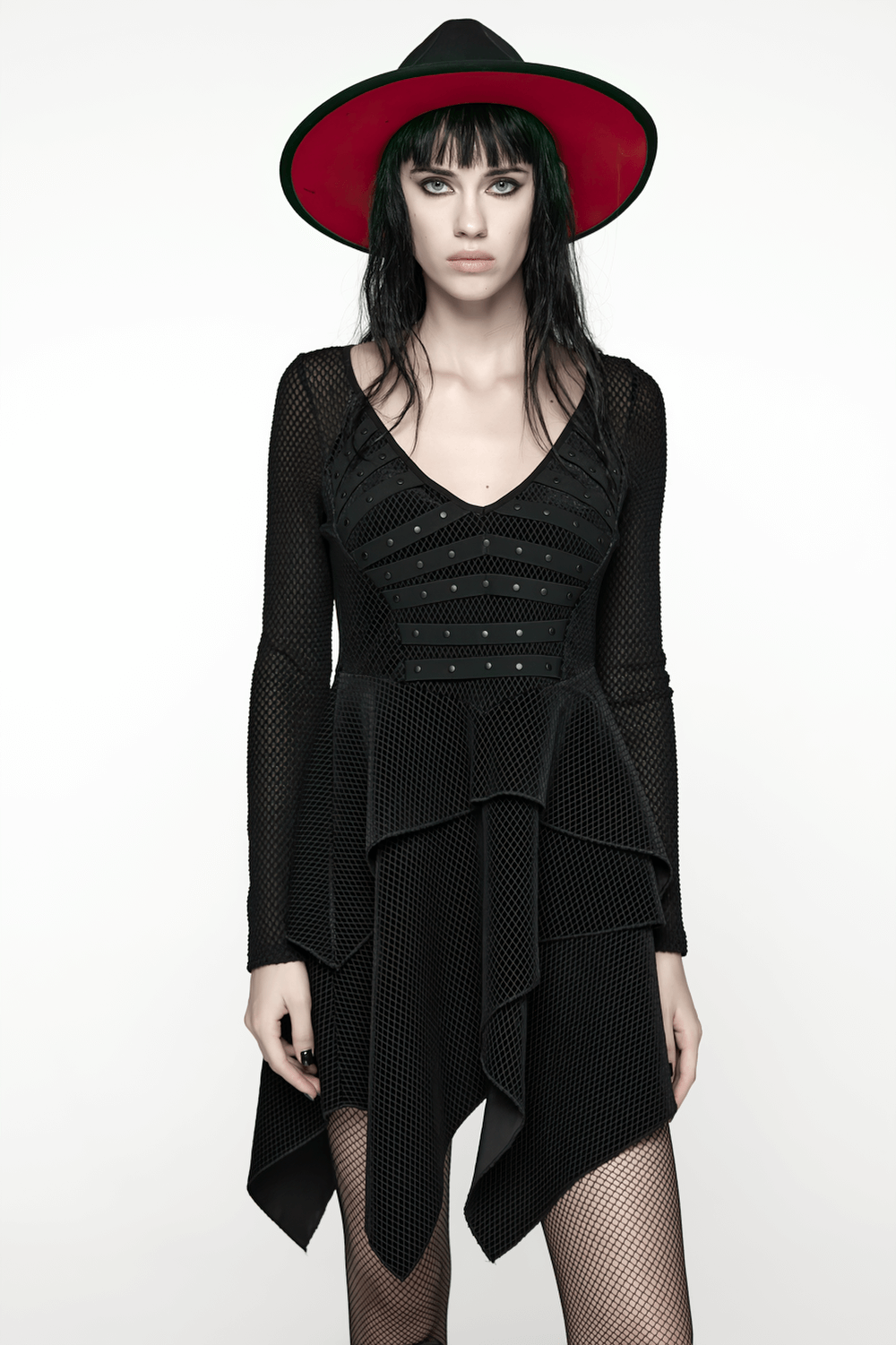 Gothic Black Mesh Dress with Rivet Waist and Layered Hem - image 11