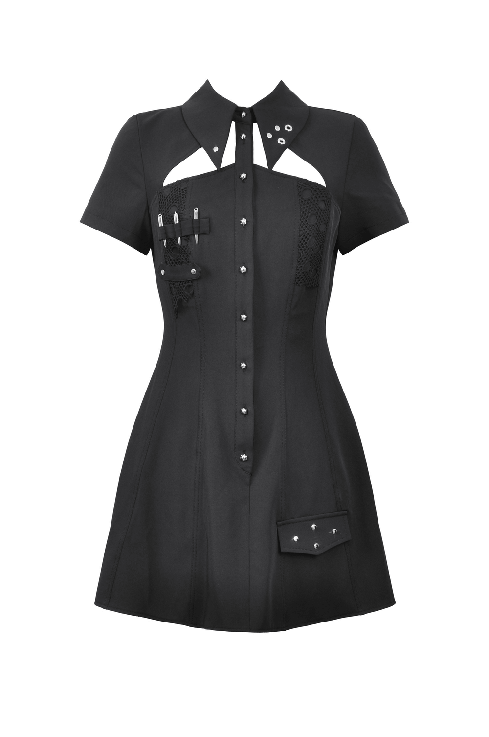 Gothic Black Mini Dress with Metal Studded Details - image 4