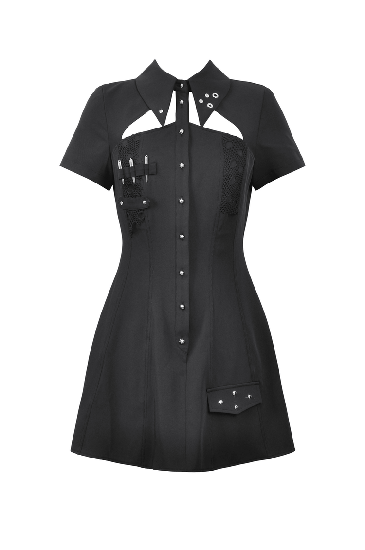 Gothic Black Mini Dress with Metal Studded Details - image 4